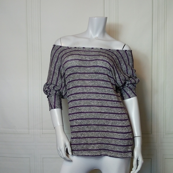 Magic Fit Top Womens Medium Purple Silver Striped Long Sleeve Stretch - Picture 4 of 10
